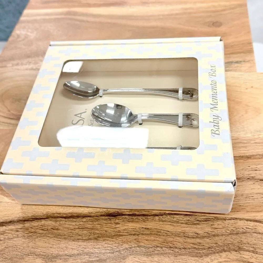 NWT Mikasa 3 Pc set baby Memento Box cross & beaded design Silver flatware set